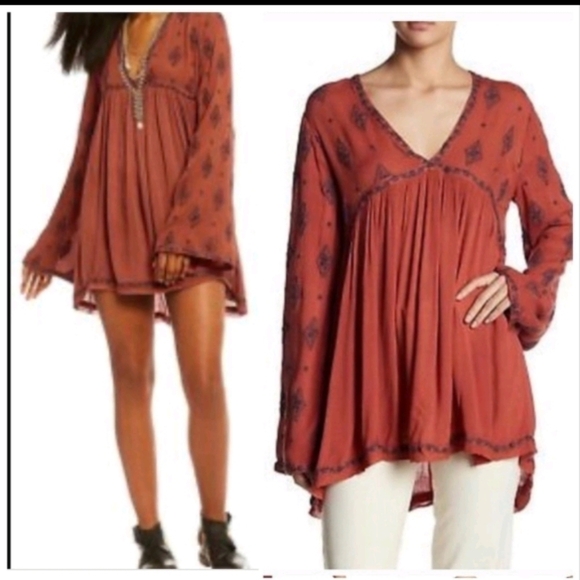 Free People Diamond Embroidered Bell sleeves Tunic Top dress sz S - Picture 1 of 7